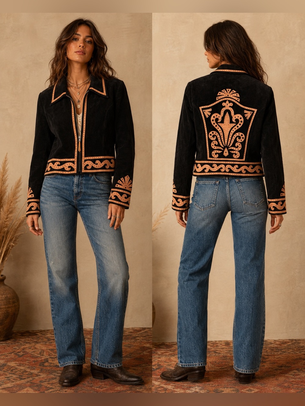 Cripple Creek Black Suede Leather Jacket XS Western Tooled Trim Southwestern Y2K